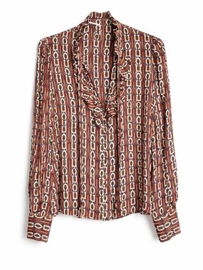 INC International Concepts Geometric Retro Chain Print Ruffle Neck Blouse